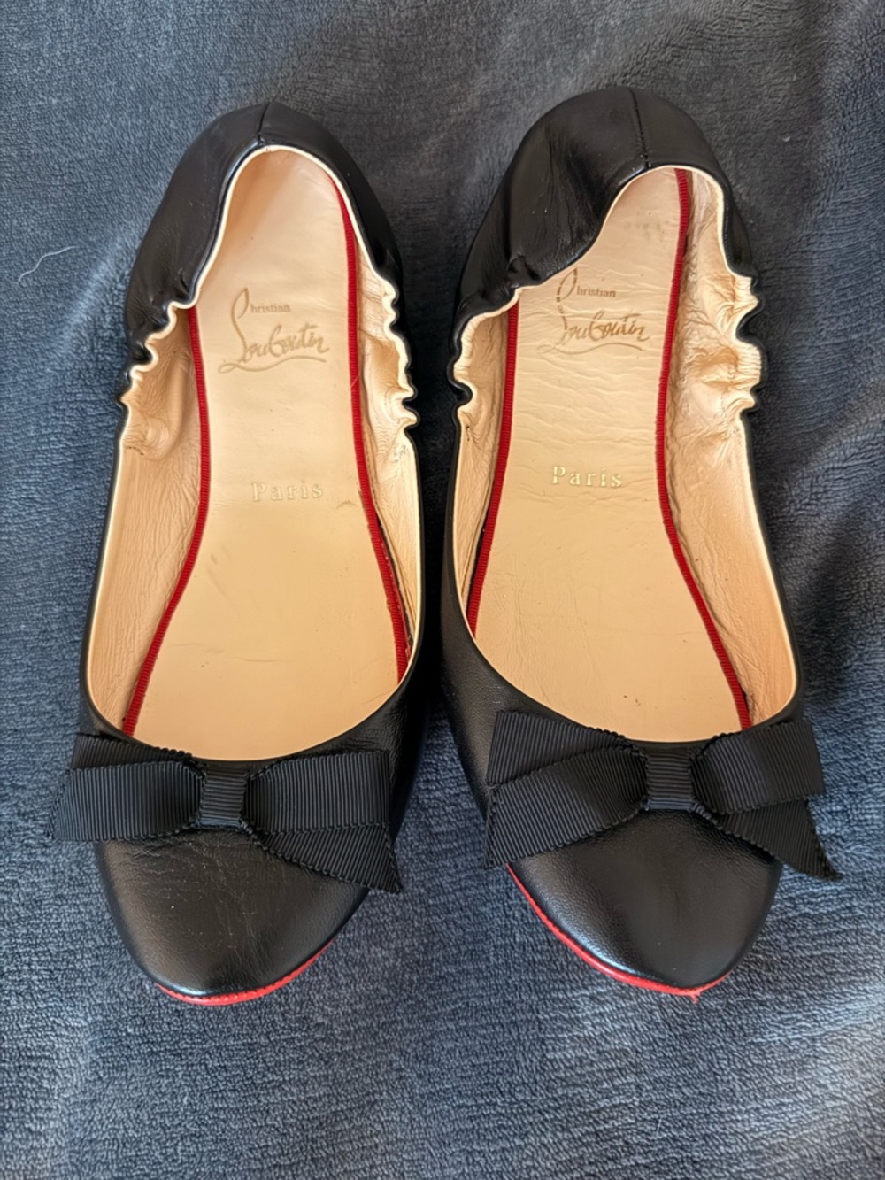 Christian Louboutin Black Leather Bow Ballet Flats with Red Trim EU size 37